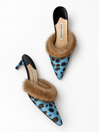 Manolo Blahnik Blue Spotted Ponyhair Mules (38.5)