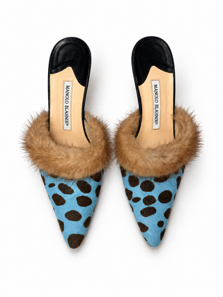 Manolo Blahnik Blue Spotted Ponyhair Mules (38.5)