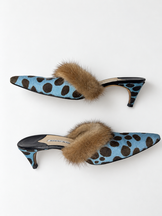 Manolo Blahnik Blue Spotted Ponyhair Mules (38.5)